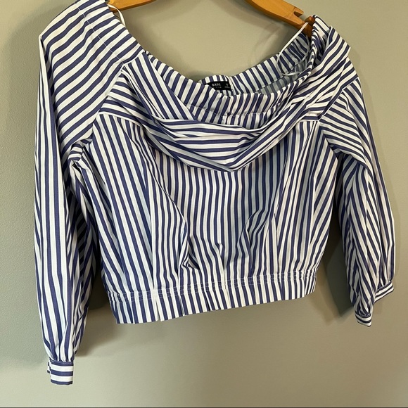 ZARA Basic Collection Blue Striped Blouse Off The Shoulder Crop Medium - Picture 3 of 8